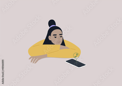 A young female Asian character ignoring an incoming phone call, a ghosting concept