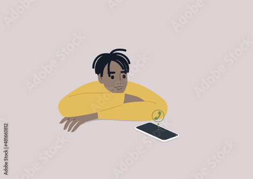 A young male African character ignoring an incoming phone call, a ghosting concept