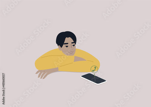 A young male Asian character ignoring an incoming phone call, a ghosting concept