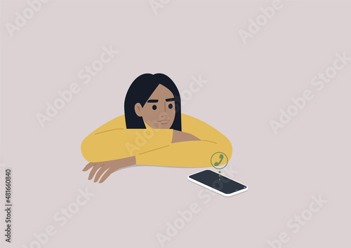 A young female Caucasian character ignoring an incoming phone call, a ghosting concept