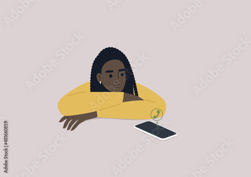 A young female African character ignoring an incoming phone call, a ghosting concept