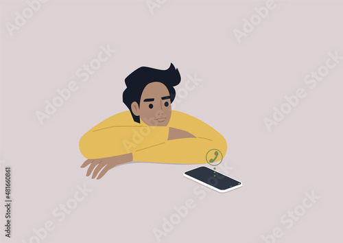 A young male Caucasian character ignoring an incoming phone call, a ghosting concept