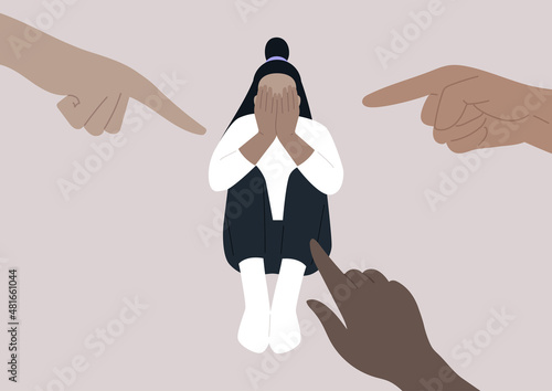 Fingers pointing at a young female character covering their face with hands, a desperate situation, stress and anxiety, victim-blaming, misogyny, and sexism