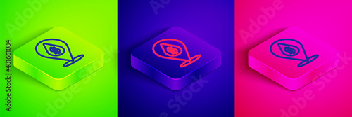 Isometric line Oil drop with dollar symbol icon isolated on green, blue and pink background. Oil price. Oil and petroleum industry. Square button. Vector