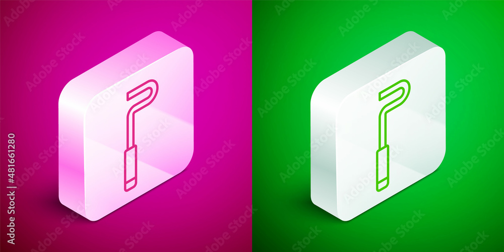 Isometric line Fire poker icon isolated on pink and green background. Silver square button. Vector Isometric line Fire poker icon isolated on pink and green background. Silver square button. Vector