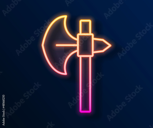 Glowing neon line Medieval axe icon isolated on black background. Battle axe, executioner axe. Medieval weapon. Vector