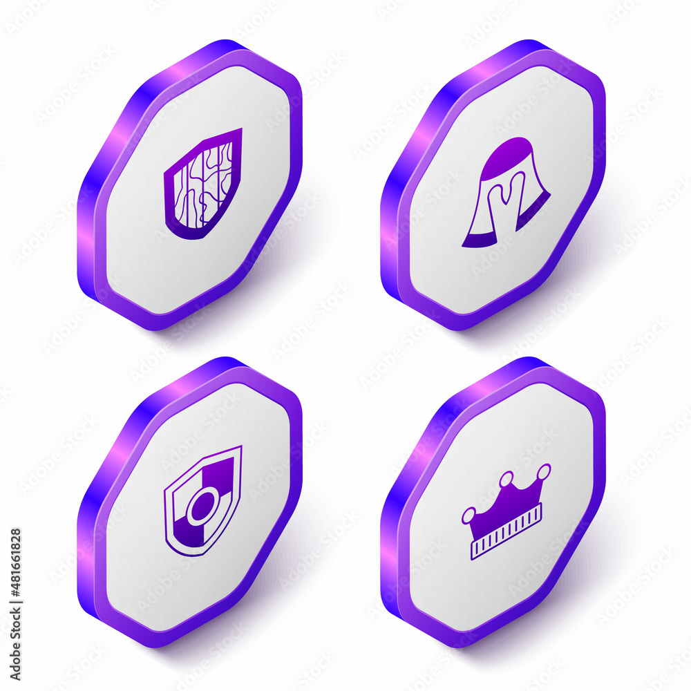 Set Isometric Shield, Medieval helmet, and King crown icon. Purple hexagon button. Vector