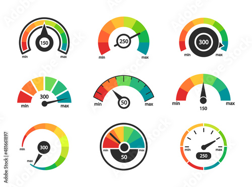 Speedometer icon set. Business credit score indicators. Customer satisfaction scores. Credit rating levels from poor to good. Colored scale from minimum to maximum. Vector illustration.