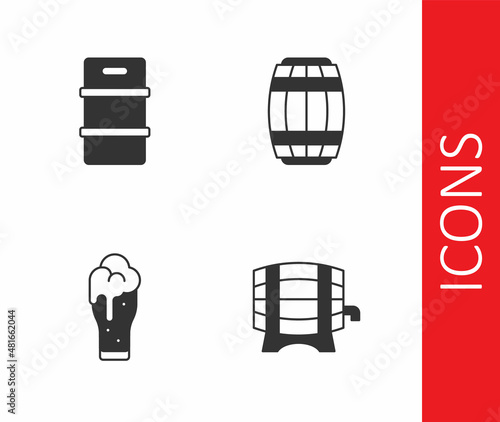 Set Wooden barrel on rack, Metal beer keg, Glass of and icon. Vector