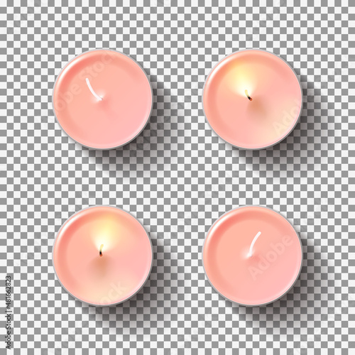 Top view on realistic tea candles. Vector illustration with tea candles isolated on checkered background.