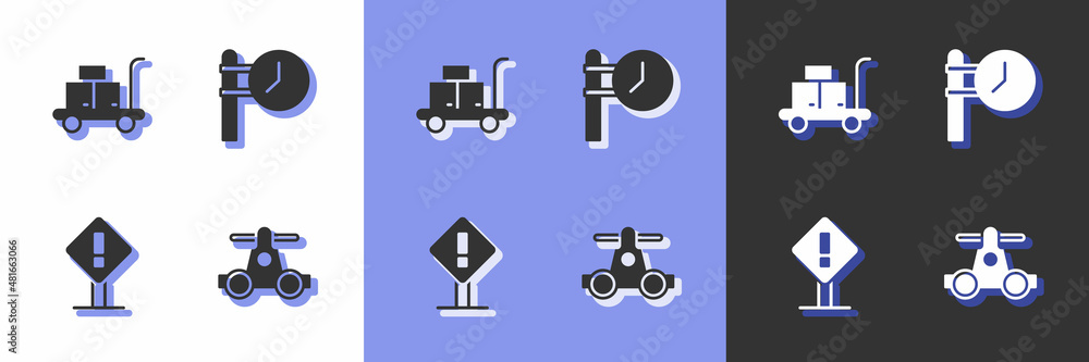 Set Handcar transportation, Trolley suitcase, Exclamation mark in square and Train station clock icon. Vector Set Handcar transportation, Trolley suitcase, Exclamation mark in square and Train station clock icon. Vector