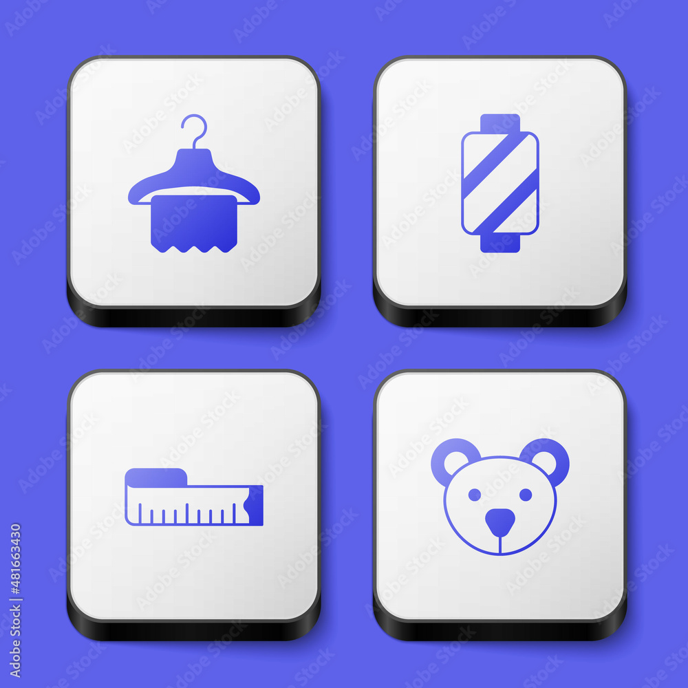 Set Hanger wardrobe, Sewing thread on spool, Tape measure and Teddy bear plush toy icon. White square button. Vector