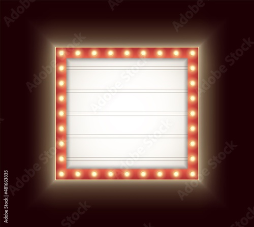 Retro lightbox with light bulbs isolated on a dark background. Vintage theater signboard mockup.