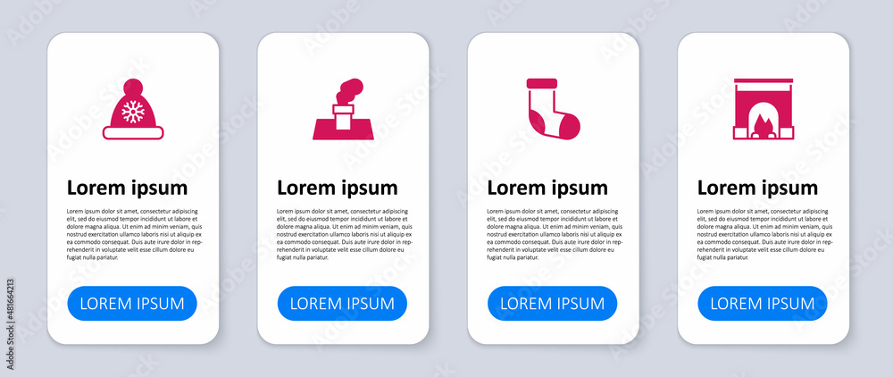 Obraz premium Set Interior fireplace, Christmas stocking, chimney and Santa Claus hat. Business infographic template. Vector