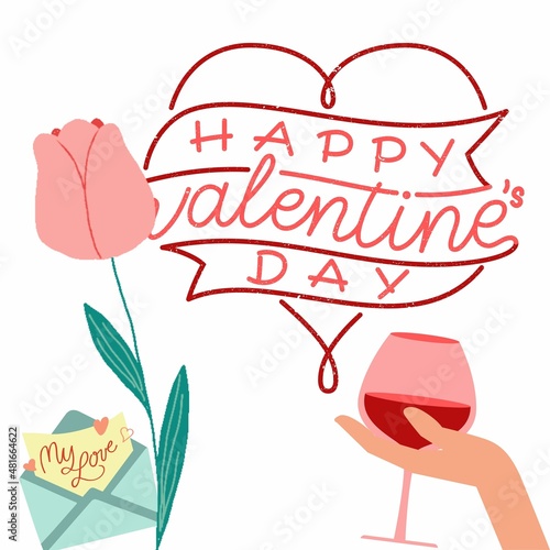 Girl hand's holding a glass of wine, love letter and flowers isolated on white background. Celebrating Happy Valentine's Day 2023.
