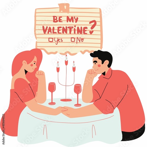 Couple in love celebrating Valentine's Day having a fancy dinner isolated on white background.