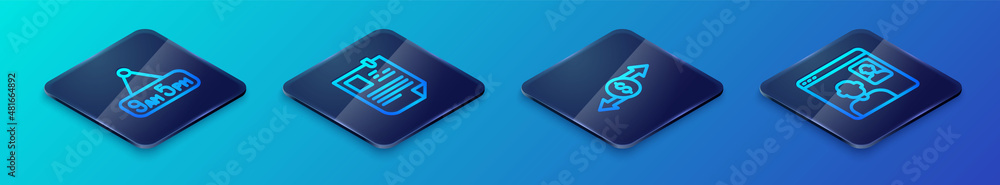 Set Isometric line Money exchange, From 9 to 5 job, Video chat conference and Resume icon. Vector