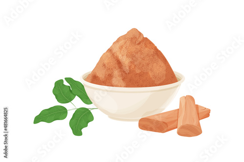 Sandalwood, chandan pieces and powder in bowl, leaves ingredient in cartoon style isolated on white background. Dried wood, medical material.