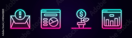 Set line Envelope, Pie chart infographic, Dollar plant and Browser with stocks market. Glowing neon icon. Vector
