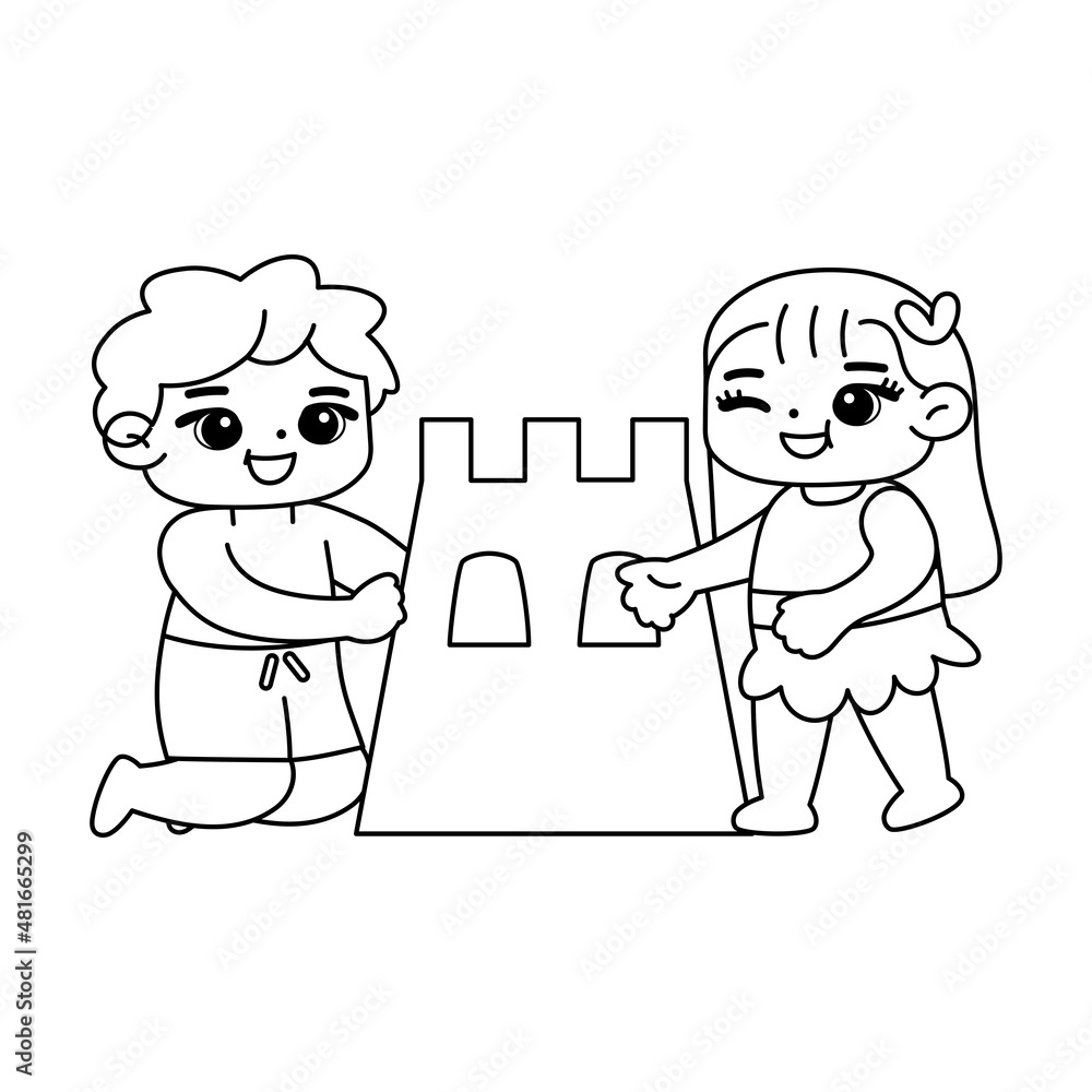 Isolated girl boy castle draw children beach vector illustration
