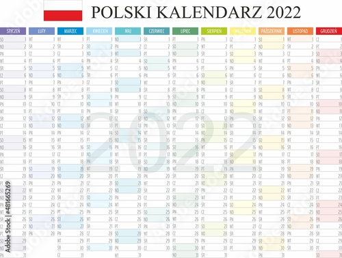 Kalendarz polski 2022, planer, planowanie miesięczne, szablon kolorowy kalendarz na rok 202 tygodnie, miesiące, język polski, zestaw 12 miesięcy, ilustracja wektorowa kalendarza do druku