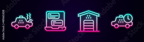 Set line Broken taxi car, Taxi mobile app, Garage for and waiting time. Glowing neon icon. Vector