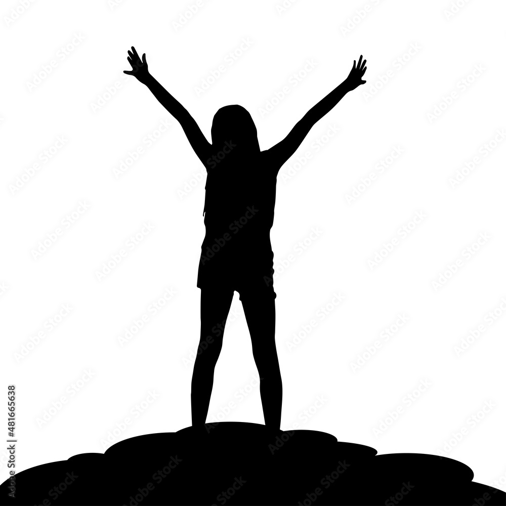 Silhouette of a girl on a mountain with hands raised in joy. freedom vector illustration Silhouette of a girl on a mountain with hands raised in joy. freedom vector illustration