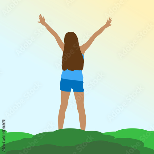 A girl in nature with her hands raised in joy. vector illustration of freedom