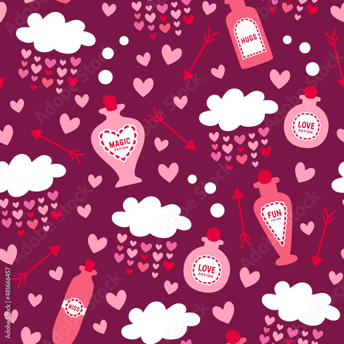 Valetine's vintage love potion bottles hearts clouds burgundy pattern