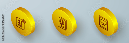 Set Isometric line Online ticket booking, Passport and Ticket office to buy tickets icon. Vector