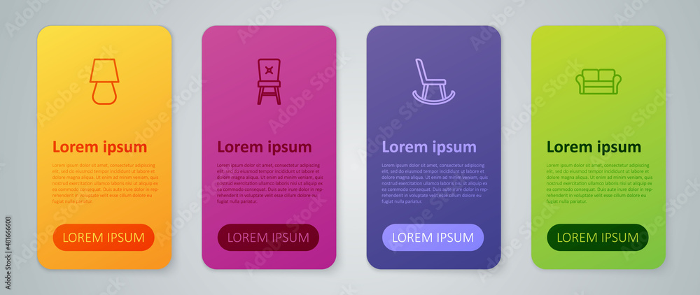 Set line Armchair, Sofa, Table lamp and Chair. Business infographic template. Vector Set line Armchair, Sofa, Table lamp and Chair. Business infographic template. Vector