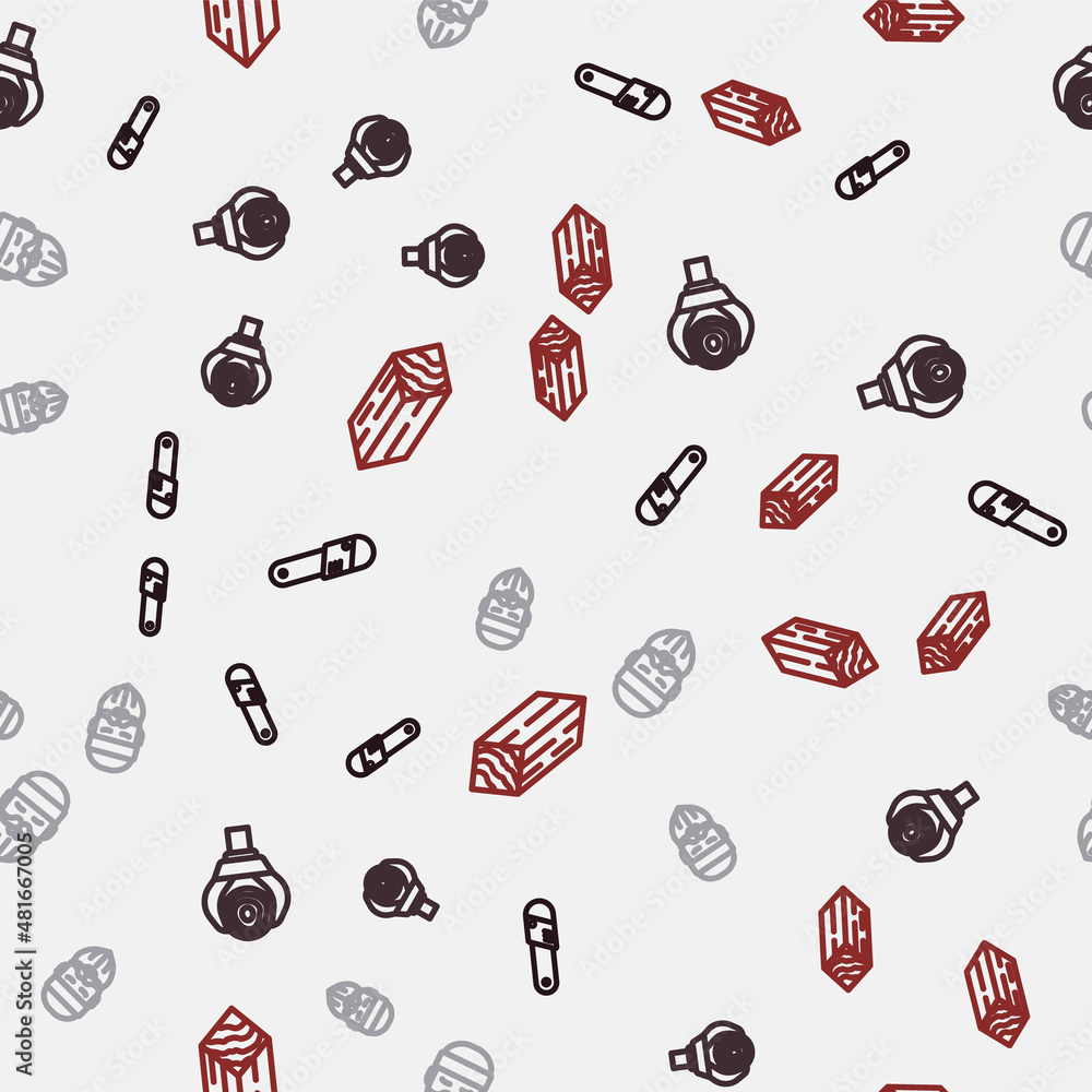 Set line Chainsaw, Grapple crane grabbed log, Lumberjack and Wooden beam on seamless pattern. Vector Set line Chainsaw, Grapple crane grabbed log, Lumberjack and Wooden beam on seamless pattern. Vector