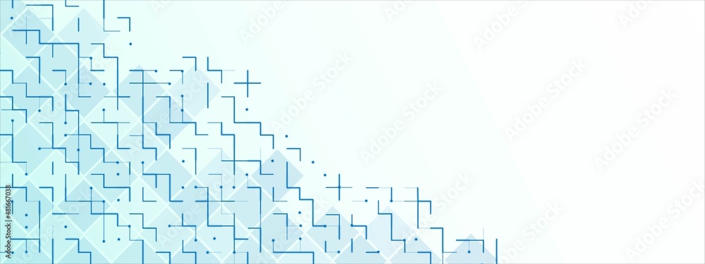 Blue background frame. Grid pattern, geometric shapes, rhombuses, circles, lines, dots, squares. Plexus stripes. Maze design, puzzles. Banner technology, medicine, social networks, business. Vector