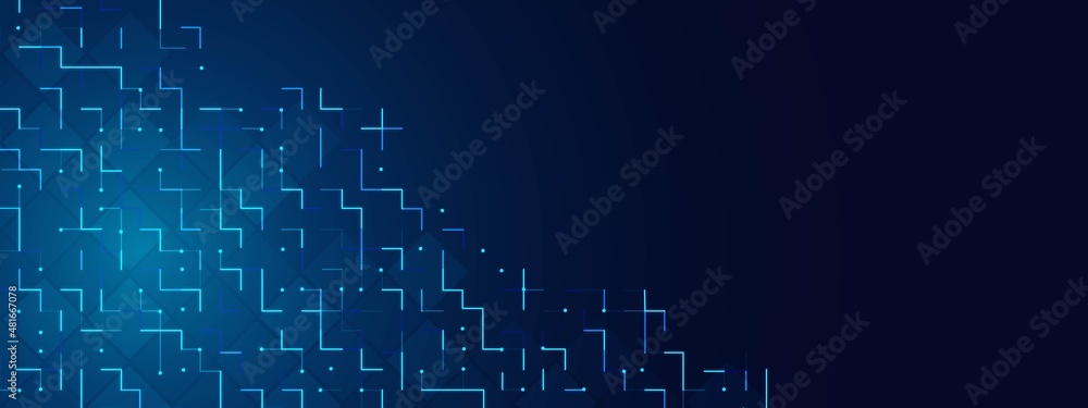 Obraz premium Neon background frame. Design of cells, geometric shapes, rhombuses, circles, lines, dots, squares. Glowing stars. Pattern of maze. Poster for technology, medicine, social networks, business. Vector