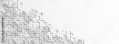 Fototapeta Naklejka Na Ścianę i Meble -  Halftone abstract background frame. Grid pattern, geometric shapes, rhombuses, circles, lines, dots, squares. Maze design. Banner for technology, medicine, social networks, business. Vector