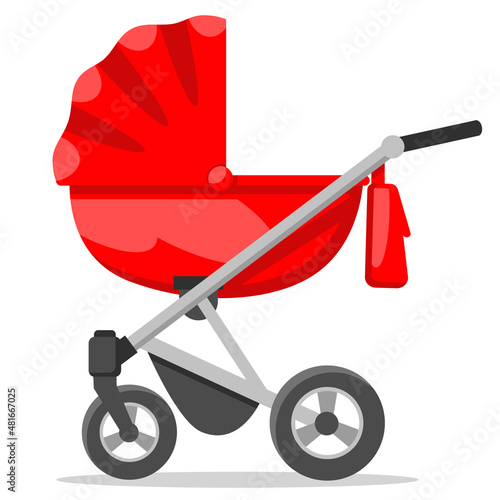 Red baby stroller on a white background.