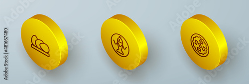 Set Isometric line Chicken egg, Served fish on a plate and Homemade pie icon. Vector