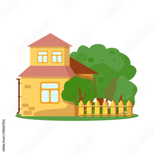 House with a fence and trees. Dacha, flat vector illustration. Two-storey house.