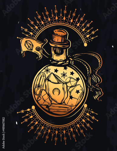 Vector illustration, magic crystals in bottle, spirituality and occultism, print, background  chalkboard, Handmade
