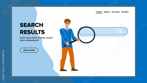 Search results web. engine internet seo. website page browser. search bar character web flat cartoon illustration