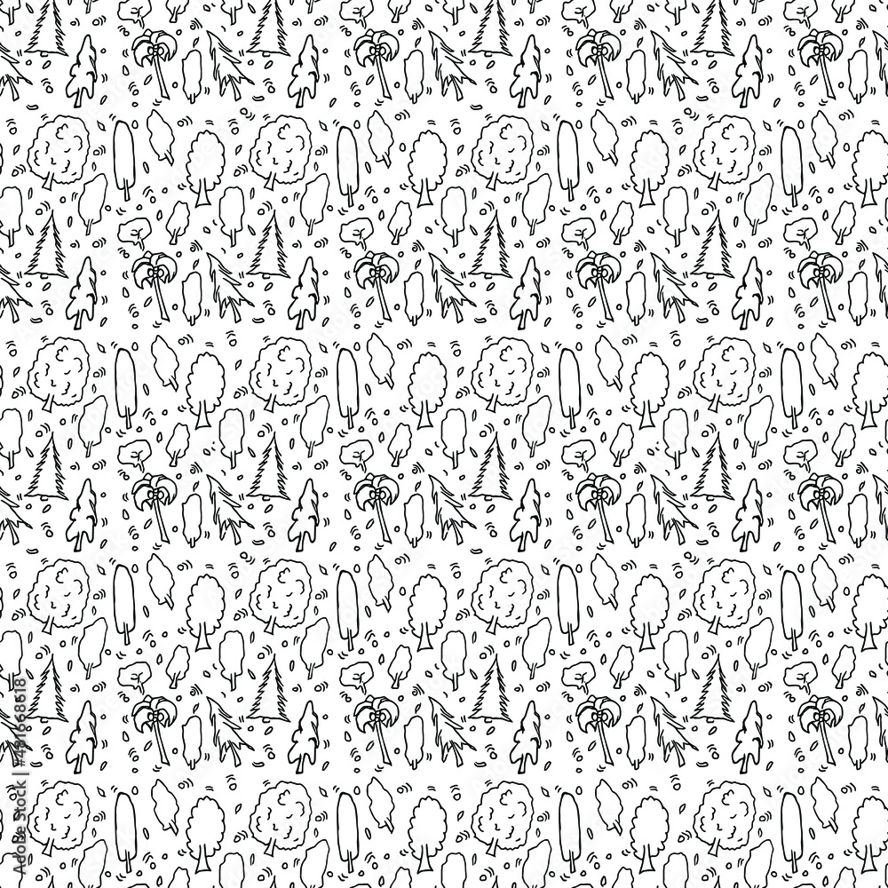 black and white seamless pattern with trees. doodle illustration with trees