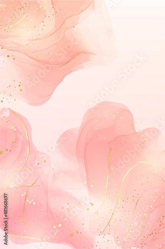 Rose pink liquid watercolor background with golden dots. Dusty blush marble alcohol ink drawing effect. Vector illustration design template for wedding invitation, menu, rsvp © svetolk