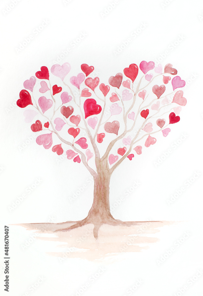 Fototapeta premium Watercolor drawing: a tree with a crown in the form of a heart, on the branches of which there are small ones of different shades of red.