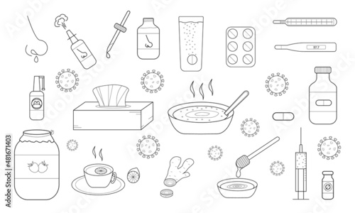 Hand-drawn set of elements related to colds. Methods of treatment for colds.