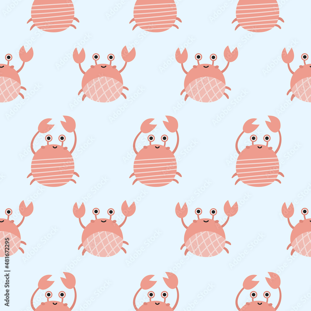 Fototapeta premium Childish seamless pattern with funny crabs on blue background. Underwater world. Hand drawn ocean animals. Scandinavian stylized vector illustration.