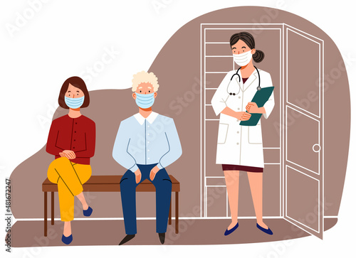 The doctor calls the patient to the office. An appointment with a therapist. masked people of different ages waiting in line. Vector illustration in a flat style.