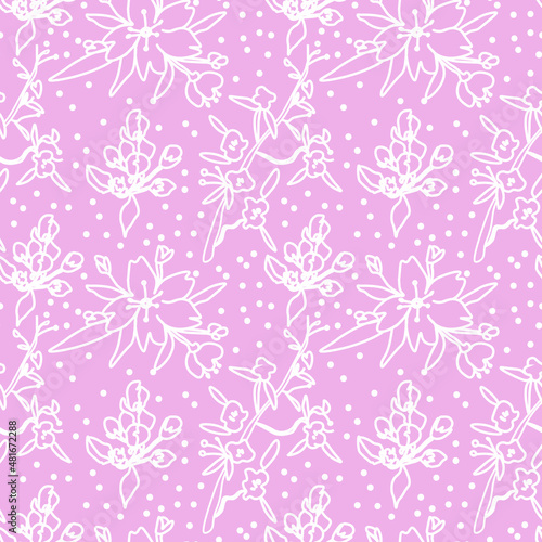 Vector seamless pattern with sakura on pink background. Spring  botanical  floral  festive hand painted print.Design for wrapping paper  textiles  fabric  wallpaper  packaging.