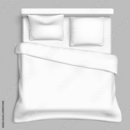 Bed top view white. blanket. pillow. interior mattress. hotel duvet 3d realistic vector