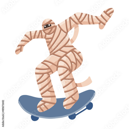 Teenaged zombie mummy riding a skateboard. Awesome teenager character doing his hobby. Flat hand drawn vector illustration.