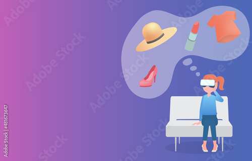 A woman sits on a sofa and wears VR glasses to experience 3D product shopping on metaverse screen. Vector illustration of the future.
